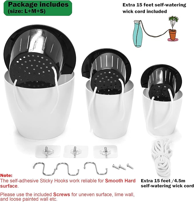 3 Pack Self Watering Wall Hanging Planter Pots Vertical Garden Window Hang Mount Indoor Outdoor Plant Flower Basket for Kitchen Herbs Balcony Railing Shelf Fence Bedroom Trellis Decor Modern White Box-Ruum Studio Home