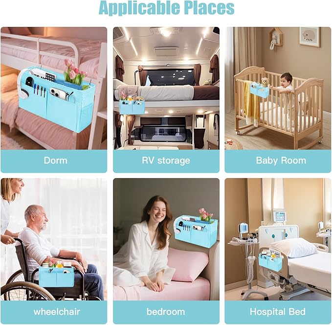 Bedside Caddy Organizer with Fixed Straps, Bunk Bed Caddy ideal for Home, Bunk Bed, Dorm, Hospital, Crib, Versatile Bedside Storage Solution (Blue)-Ruum Studio Home