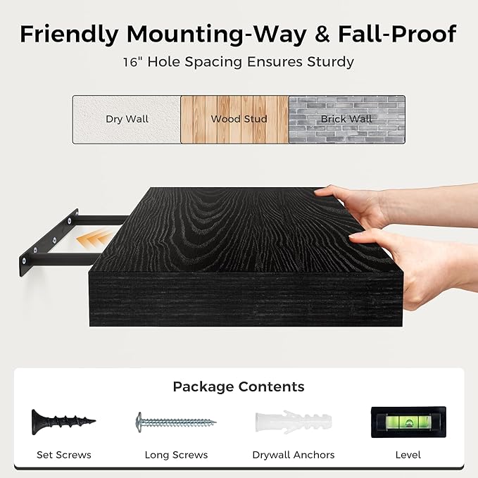 Fun Memories 12 Inch Floating Shelf, Rustic Wood Wall Shelves for Wall Decor & Storage, 12 x 12 Floating Shelf for Living Room, Bathroom, Bedroom, Black, Set of 2-Ruum Studio Home