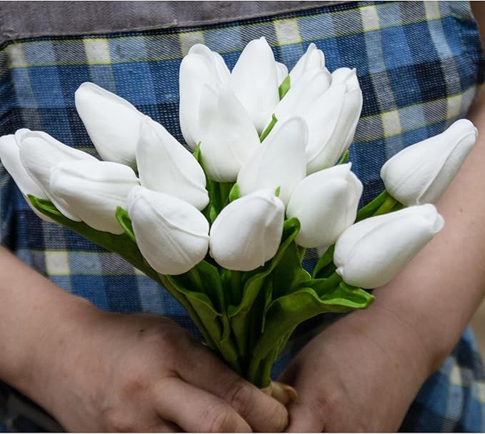 Buart Artificial Tulip in Bulk for Home Kitchen Wedding Bridal Bouquet,Fake White Flowers for Valentine's Day Mother's Day Easter Table Centerpieces Decorations(Mini Size,Real-Touch,12pcs)-Ruum Studio Home