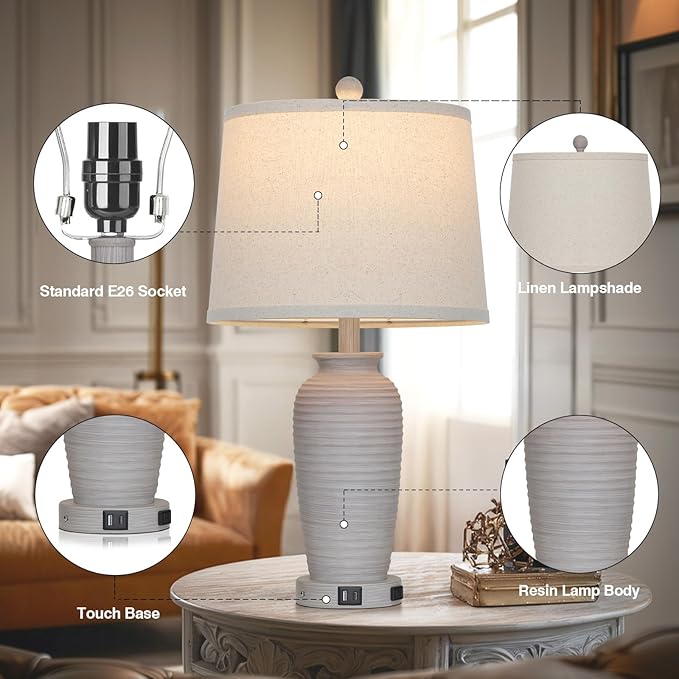 25“ Traditional Table Lamps Set of 2, Bedside Touch Lamp with USB C+A Charging Ports, Rustic Farmhouse Jar Table Lamps for Living Room Bedroom, Side Table Lamp with Beige Fabric Shade, Antique Grey-Ruum Studio Home