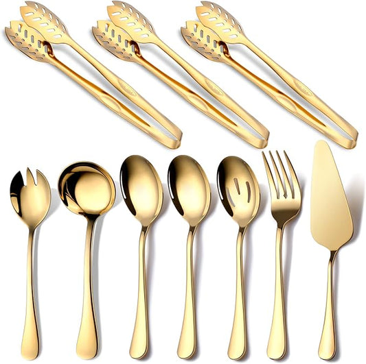 Gold Serving Utensils, OGORI 10-Piece Polished Stainless Steel Gold Serving Utensils Set Include Serving Spoons, Slotted Serving Spoon, Serving Tongs, Serving Fork, Salad Fork, Soup Ladle, Pie Server-Ruum Studio Home