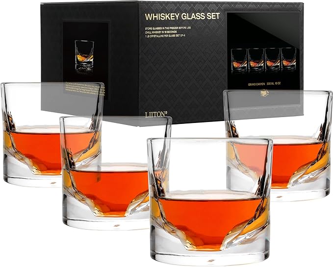 Grand Canyon Heavy Crystal Whiskey Glasses Gift Set of 4, Thick Freezable Bourbon Glass 1lb Each, Premium Whiskey Gifts for Men, Frozen Crystal Chills Cocktails, 10 oz-Ruum Studio Home