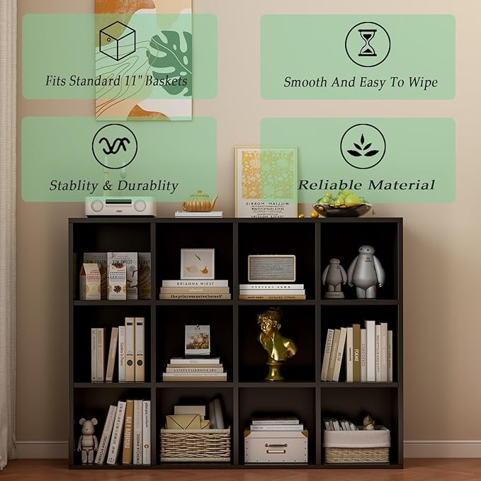 12-Cube Storage Shelf Bookcase - Wooden 3-Tier Floor Standing Open Bookshelf for Home and Office, Display Cabinet, Black-Ruum Studio Home