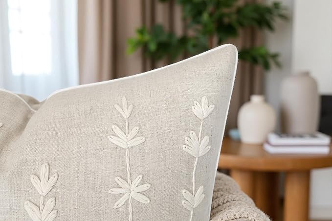 VAGMINE Hand Embroidered Daisy Accent Throw Pillow Cover - 20x20 Inches Square - 100% Linen Natural Decorative Cushion Cover for Couch, Sofa, Bed - Textured Embroidery - Boho Floral Home Décor-Ruum Studio Home
