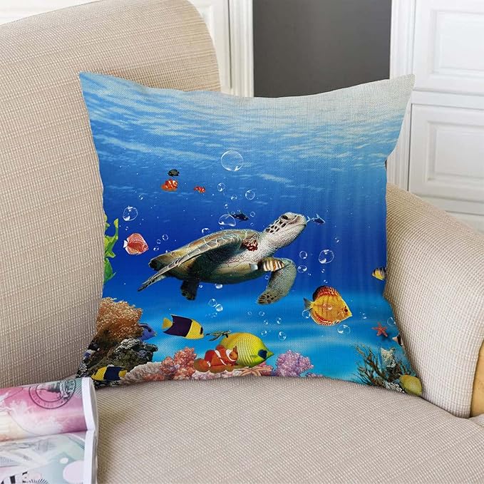 TSSOHU Ocean Underwater Marine Life Outdoor Throw Pillow Cover Sea World Animals Tropical Fish with Turtles Coral Decorative Pillows Farmhouse Cushion Cases Home Decor for Couch 18x18 inch-Ruum Studio Home