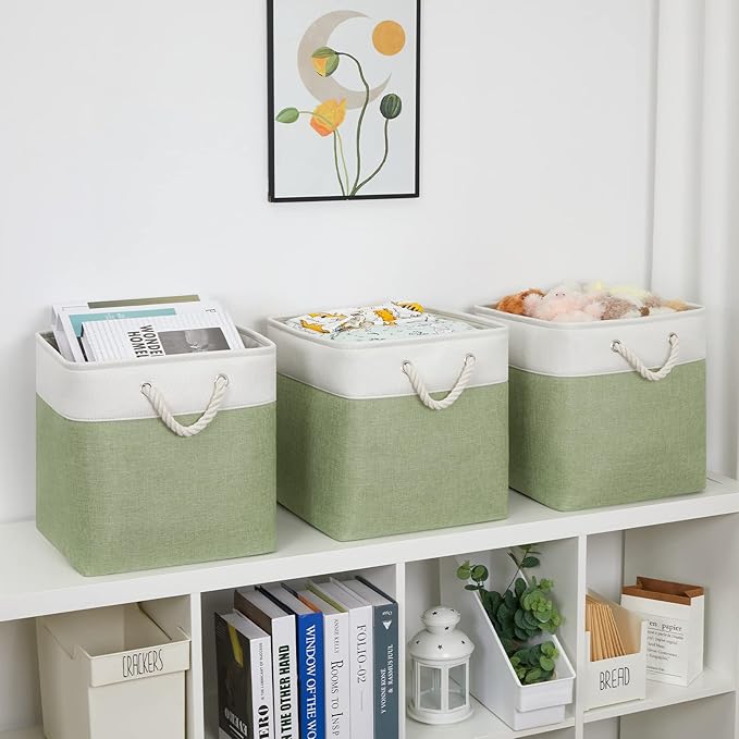 Bidtakay Cubby Storage Bins Set of 3 Fabric Baskets for Shelves Closet Drawer Organizer Storage Cubes 13x13 Collapsible Organization Baskets for Nursery Toy Shelf (White&green)-Ruum Studio Home