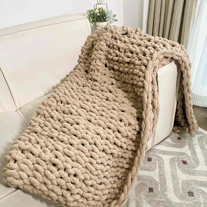 Chunky Knit Blanket Throw 48"x71", Chenille Throw Blankets, Handmade Warm & Cozy Blanket Couch Bed Home Decor, Soft Breathable Fleece Banket, Christmas for Couch Bed Sofa Best Gift (Tan)-Ruum Studio Home