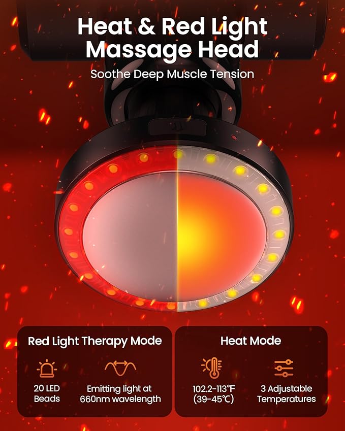Massage Gun with Heat and Red Light Therapy,Deep Tissue Percussion Back Massager for Muscle/Neck/Body Pain Relief with Long Extension Retractable Handle,32-Speeds,Foldable,5 Adjustable-Ruum Studio Home