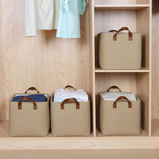 KEEGH Storage Baskets for Organizing, Fabric Storage Bins for Shelves with Leather Handle, Shelf Baskets for Closet Organization, 15" L x 11" W x 10" H, Brown, 4 Pack-Ruum Studio Home