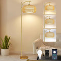 Gold Floor Lamps for Living Room Rattan Boho Floor Lamp with Remote Control,Dimmable Arc Floor Lamp Wicker LampShades Brass Standing Lamp with 3 Color Temperature Tall Floor Lamps For Bedroom Corner-Ruum Studio Home