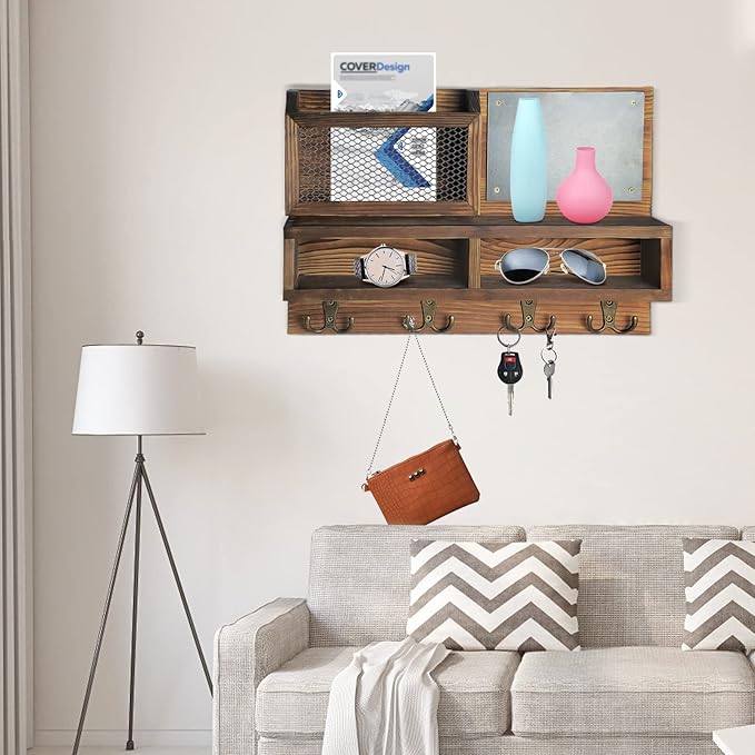 Key Holder for Wall, Mail Organizer Wall Mount with Key Hooks and Wallet Holder, Sunglasses Storage and Dog Leash Hanger, Decorative with 4 Double Hooks and Chalkboard-Ruum Studio Home