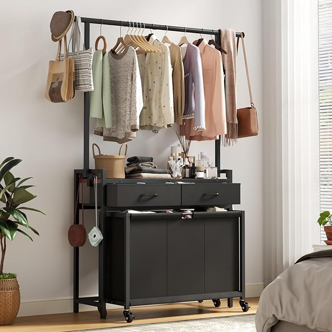 Laundry Sorter Hamper with Hanging Cloth Rack, Laundry Basket with 3 Section Pull-Out Rolling Bags, Laundry Sorter for Organization and Storage with 2 Drawers for Laundry Room (Vinatge Brown)-Ruum Studio Home