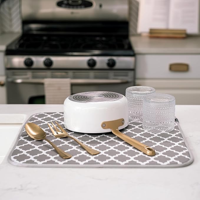 S&T INC. Dish Drying Mat, 16” x 18”, Absorbent Microfiber Kitchen Counter Mat, Dish Drying Pad for Dishes, Utensils, Pots and Pans, Large, White Trellis-Ruum Studio Home
