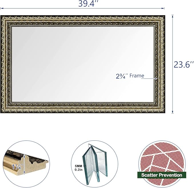 Bathroom Wall Mirror, Decorate Bathroom Mirrors for Wall, Rectangle Modern Bathroom Wall Mounted Mirror Vertical or Horizontal Hanging for Living Room (Gold Framed 40" x24'')-Ruum Studio Home