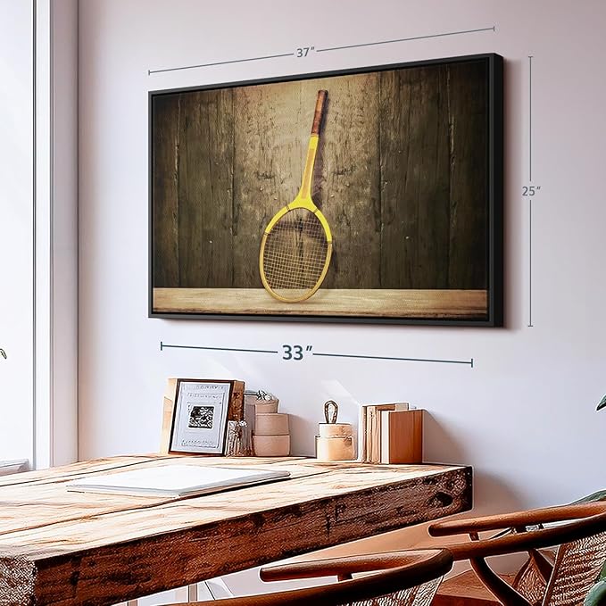 ElephantStock Vintage Tennis Racket Wall Art - Horizontal Framed Canvas - 1-Piece Living Room Wall Decor - Photography Sports Canvas Print - Brown and Black Decor for Wall - 37" X 25"-Ruum Studio Home
