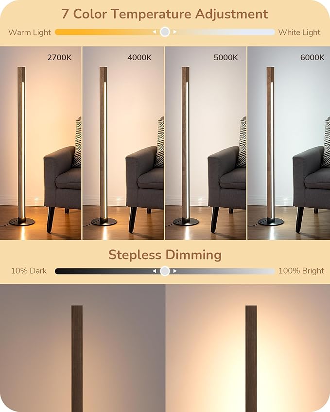 EDISHINE Corner Floor Lamp, Upgraded Dual-Sided Lighting, Wooden Floor Lamps for Living Room, Standing Lamp with Remote/Foot Control, 7CCT & Dimmable Floor Lamp for Bedroom, Office, Natural Wood-Ruum Studio Home