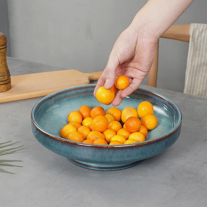 Ceramic Fruit Bowl for Kitchen Counter,Decorative Pedestal Bowl for Table Countertop,Large Footed Serving Bowl,10.2 Inch (Blue)-Ruum Studio Home