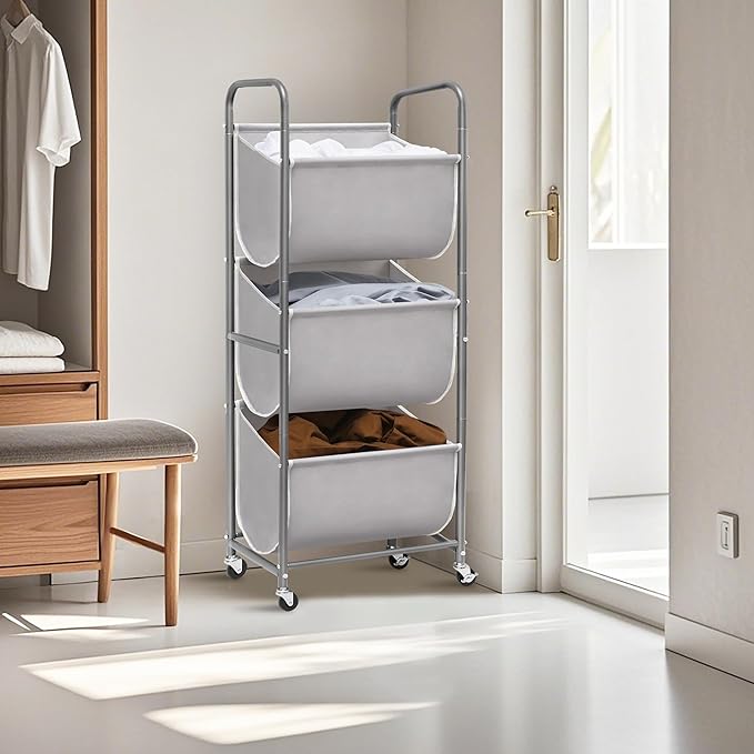 STORAGE MANIAC 120 Liters Vertical Rolling Laundry Hamper, 3 Section Laundry Sorter with Wheels and 2 Breaks, 3-tier Laundry Baskets for Small Space, Dorm, Laundry Room, Closet, Bathroom, Gray 3-tier-Ruum Studio Home