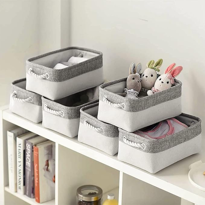 Basket for Organizing Cube Stgorage Bin - Small 6 Pack Fabric Storage Cubes Collapsible Baskets for Shelves with Rope, Bins for Organization Closet Cloth Toy Laundry Canvas (Grey&White 12x8x5.2 inch)-Ruum Studio Home