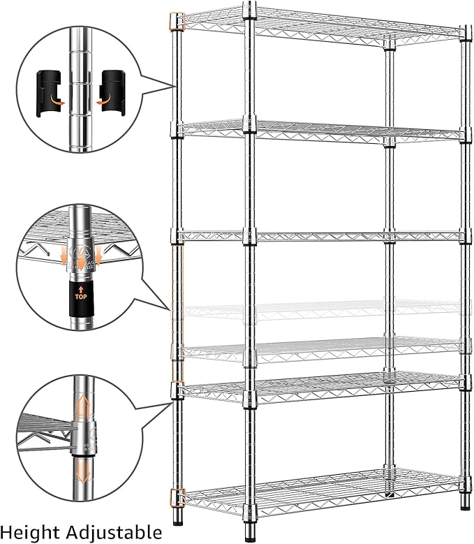 1250 lbs Steel Heavy Duty 5-Tier Utility Shelving Unit Steel Organizer Wire Rack for Home,Kitchen,Office,Chrome (13.7" D x 23.6" W x 62.4" H)-Ruum Studio Home