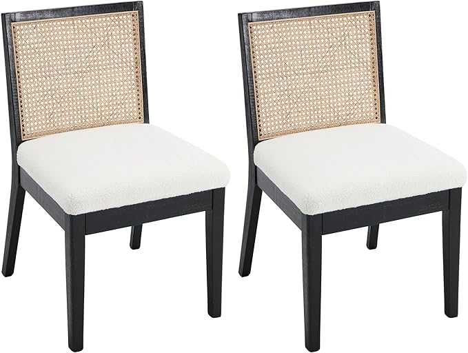 VESCASA Upholstered Dining Chairs with Square Rattan Back, Armless Padded Sherpa Fleece Cushion Dining Chairs with Wood Legs for Dining Room, Kitchen, Set of 2, Black Frame-Ruum Studio Home