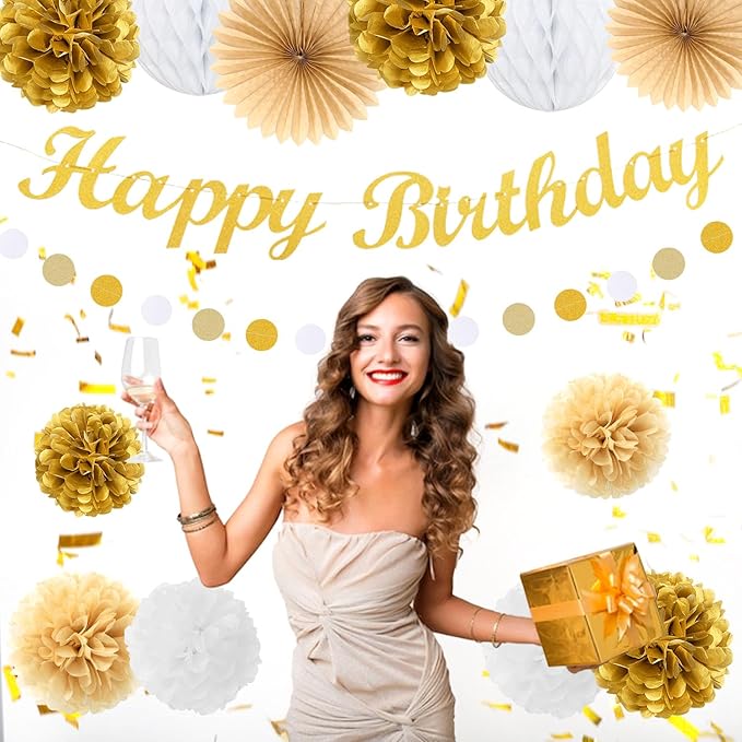White-Gold Champagne Birthday Party-Decorations Paper-Flowers - 14pcs Happy Banner Engagement Honeycomb Tissue Pom Poms,Women Streamers Garland Beige Fans,21st 18th Girl Hanging Supplies Decor Hugfond-Ruum Studio Home