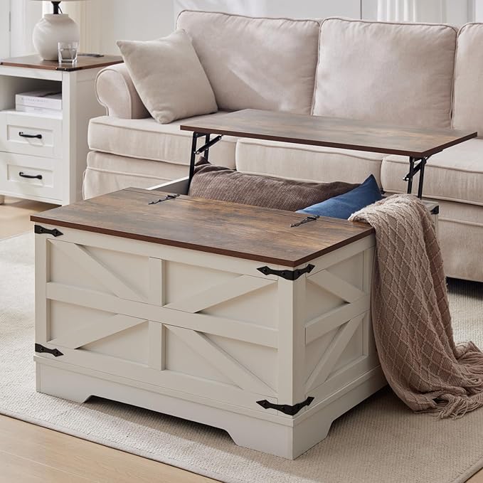 Coffee Table with Storage, Rustic White Square Coffee Tables for Living Room, Lift top Coffee Table with Large Hidden Compartment, Smart Cocktail Tables with Flip Top Lids for Home Office-Ruum Studio Home