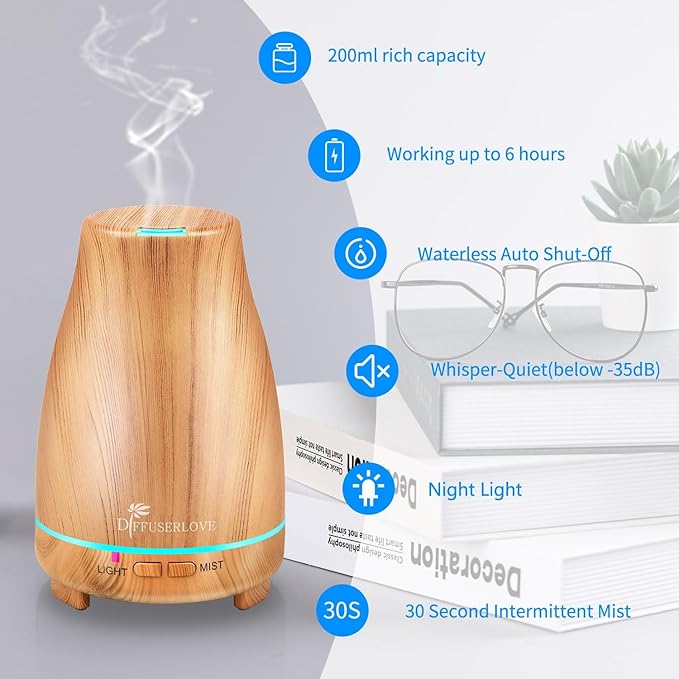 Diffuserlove Essential Oil Diffuser 200ML Aroma Diffuser Mist Humidifiers with 7 Color LED Lights, Auto Shut-Off Function for Bedroom Office Room House-Ruum Studio Home