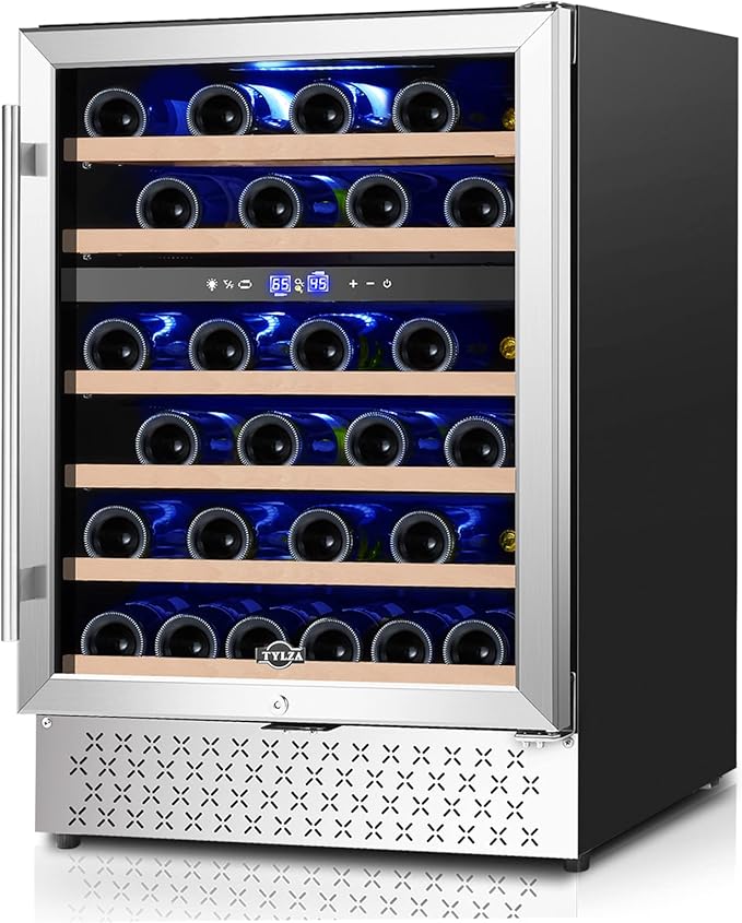 Tylza 24 Inch Dual Zone Wine Cooler Refrigerator, 46 Bottle Built-in or Freestanding, 24'' Wine Fridge with Stainless Steel & Professional Compressor and Temperature Memory Function-Ruum Studio Home