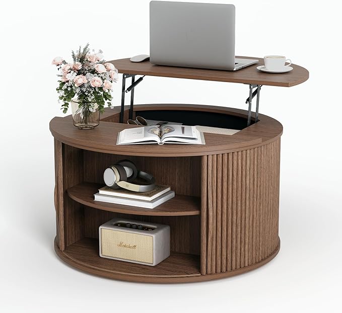 Round Coffee Table with Lifting Top,31.5”Mid Century Modern Lift Top Coffee Table with Hidden Compartment,Fluted Small Center Table for Living Room,Walnut-Ruum Studio Home