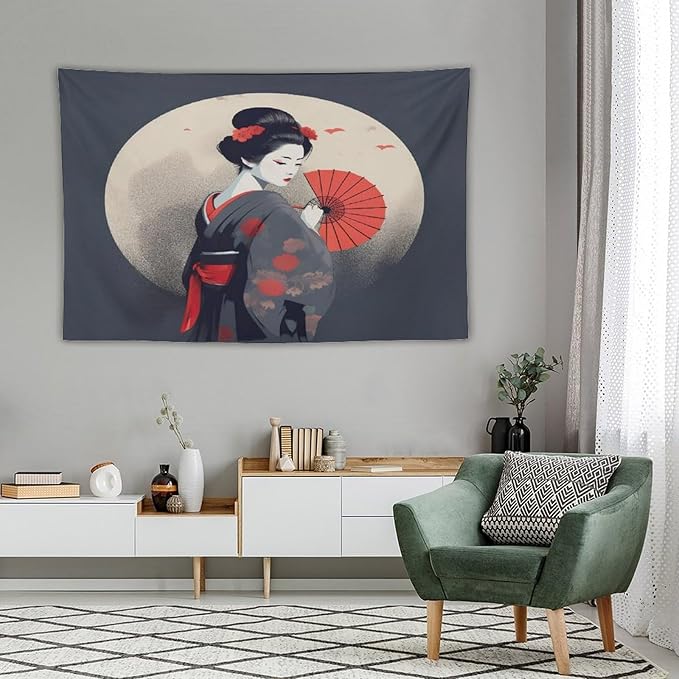 Japanese Woman Geisha Tapestry Asian Red Cherry Blossom Red Sun Traditional Kimono Folk Tapestries Home Decor for Living Room Bedroom Apartment Farmhouse Dorm 90"x60"-Ruum Studio Home
