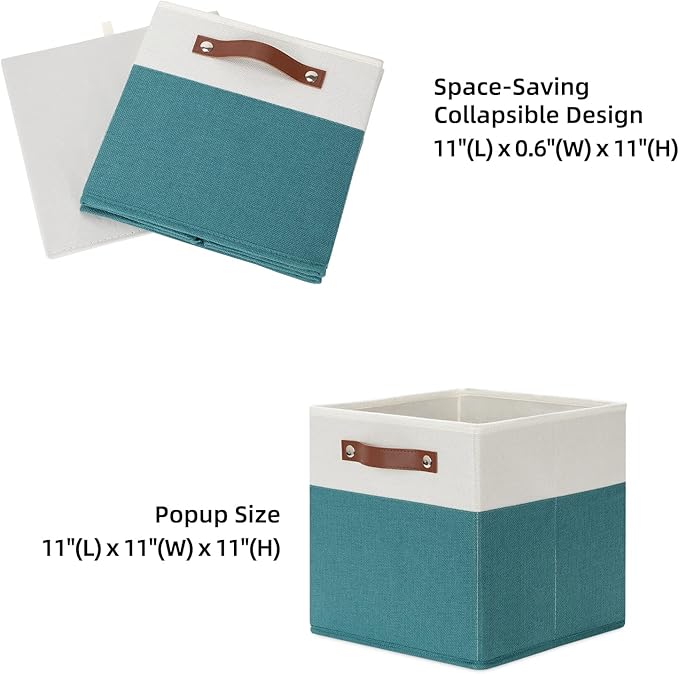 HNZIGE Fabric Storage Cube Bins Baskets for Organizing, 11 inch Cube Storage Bins, Set of 4, Collapsible Storage Bin with Handles, Closet Organizers and Storage Home Toy Nursery Bedroom(White Teal)-Ruum Studio Home
