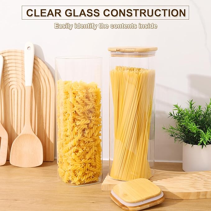 Glass Food Storage Jars with Lids(76oz)Square Set of 3 ,Glass Storage Containers Clear Glass Food Canister with Bamboo Lid Airtight For Serving Tea, Coffee Beans, Flour,Cookie, Cereal,Spice and More-Ruum Studio Home