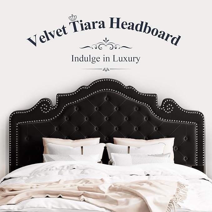 Allewie Queen Velvet Bed Frame with Adjustable Headboard, Wooden Slats, No Box Spring Needed, Easy Assembly, Black-Ruum Studio Home