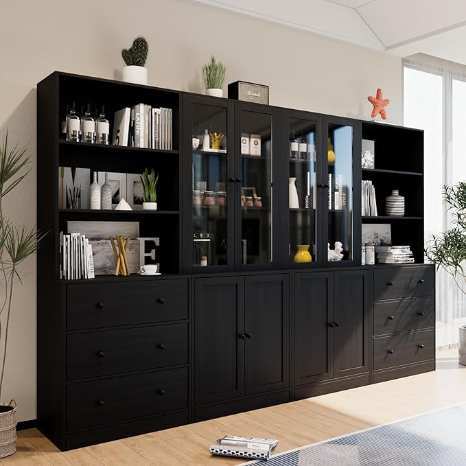 TUSY 71" Bookshelf Bookcase, 3-Tier Modern Bookshelves 3 Large Drawer, Wood Filing Cabinet with Open Storage Shelf, Glass Doors 5-Tier Fixed Storage Shelves for Home Office (Black)-Ruum Studio Home
