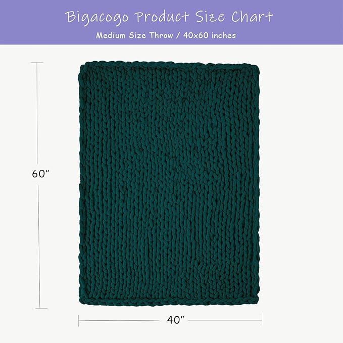 Bigacogo Chunky Knit Throw Blanket for Couch, 40x60 inches, 100% Hand Knitted with Thick Jumbo Chenille Yarn, Cozy Soft Large Rope Knot Cable Crochet Blankets for Sofa Bed Living Room, Dark Green-Ruum Studio Home