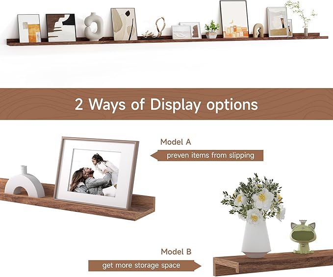 Floating Picture Ledge Shelves for Wall Set of 2, 95 Inches Picture Ledge Shelf with Long Large Nursery Book Shelf for Toys Storage Kids Bookshelf Wall Mounted Living Room Bedroom Decor Frames, Walnut-Ruum Studio Home