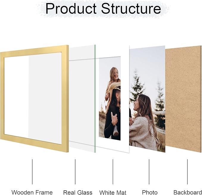 12x12 Picture Frame Set of 4, 12 x 12 Wood Photo Frames with Mat for 10x10 or 30x30cm Diamond Painting Art, Wooden Frame with Real Glass Cover for Wall and Tabletop Display,Gold-Ruum Studio Home