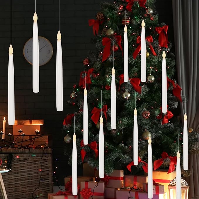 GenSwin 10.8" Floating Candles with Magic Wand Remote Timer, Flameless Taper Candles Flickering Battery Operated, LED Electric Hanging Window Candle Christmas Halloween Decorations(12 Pack, White)-Ruum Studio Home
