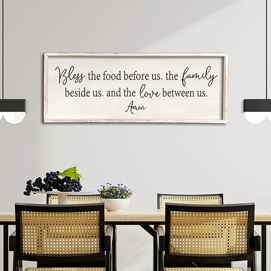 Bless the Food Before Us Sign Wall Decor 40"X15" Large Farmhouse Dining Room Wall Decor Framed Wood Rustic Home Wall Art Kitchen Decoration (White)-Ruum Studio Home