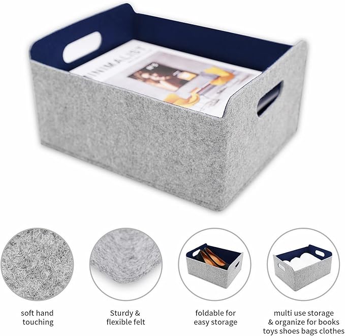 Welaxy storage baskets Felt Foldable Cube bin Shelf Bins Organizer Felt box for Kids Toys Magazine Books Clothes for Office Bedroom Closet Babies Nursery (navy x 3)-Ruum Studio Home