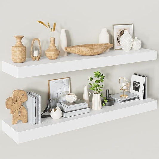 40 Inches Floating Shelves for Wall,9.3" Deep White Long Floating Shelves Set of 2,Large Display & Storage Shelf,Wall Shelf for Bathroom Bedroom Living Room Kitchen Office-Ruum Studio Home