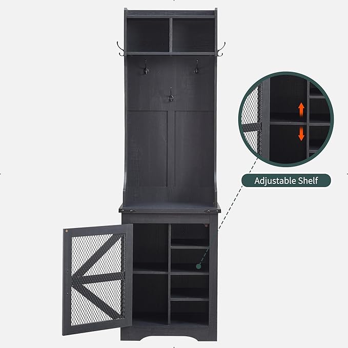 JXQTLINGMU 23" Farmhouse Hall Tree with Shoe Storage, Entryway Bench with 6 Cubbies, 5 Hooks & Barn Doors, Mudroom Coat Rack Cabinet, Black-Ruum Studio Home