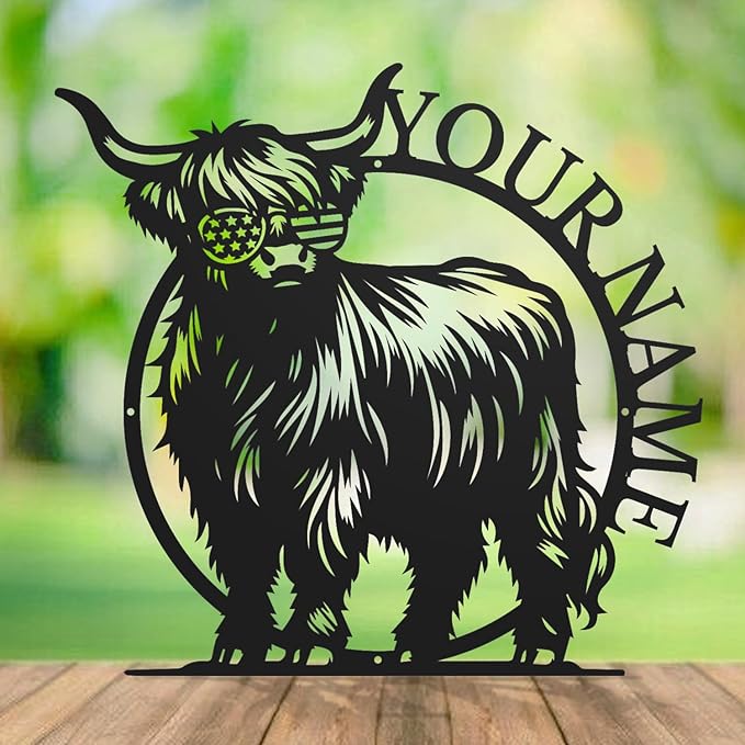 Personalized Highland Cow Name metal Signs,Custom Highland Cow Metal Shed Wall Decor,Black Metal Wall Art Plaques Outdoor wall Decorative Signage (Style G)-Ruum Studio Home