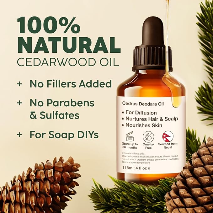 Kukka Cedarwood Essential Oil for Hair Skin & Diffuser - 4 Fl Oz - 100% Natural Cedarwood Oil for Hair Aromatherapy Soap Making Scent-Ruum Studio Home