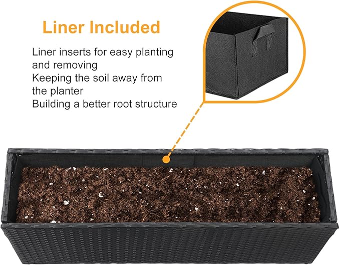SUNNYPARK Set of 2 Large Rectangular Planter with Removable Liner, All-Weather PE Rattan Modern Planters Indoor Outdoor Flower Plant Pots Garden Box Patio Yard Front Porch Deck-Ruum Studio Home