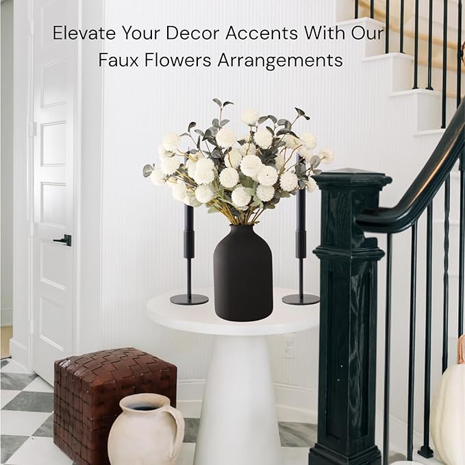 White Faux Flowers for Vase - Kiku 10 Stems & Eucalyptus, Fake Flowers Stems for Pottery Vase, Realistic Artificial Flowers, Pom Pom Balls for Aesthetic Room Decor, Floral Arrangements Centerpiece-Ruum Studio Home