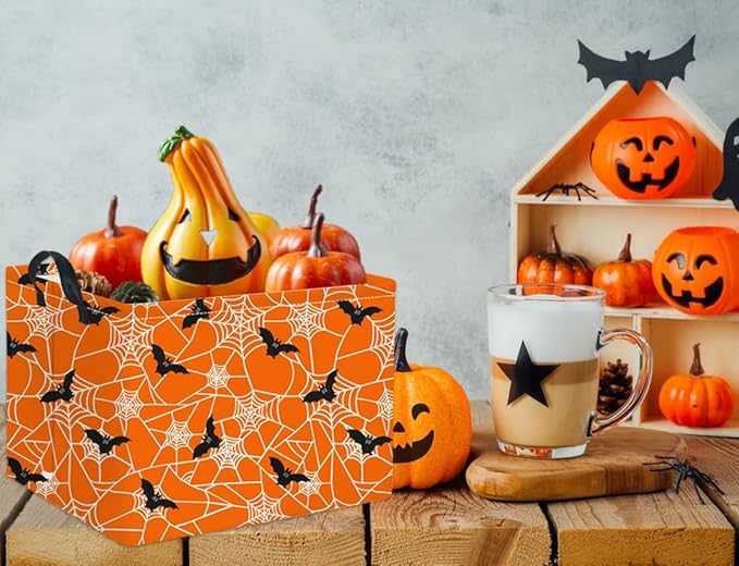 HIYAGON Rectangular Halloween Basket for Boys and Girls Kids Trick or Treat Pumpkin Basket for Halloween Parties Cute Storage Bin Organizer Box Room Decor(Bat spider web)-Ruum Studio Home
