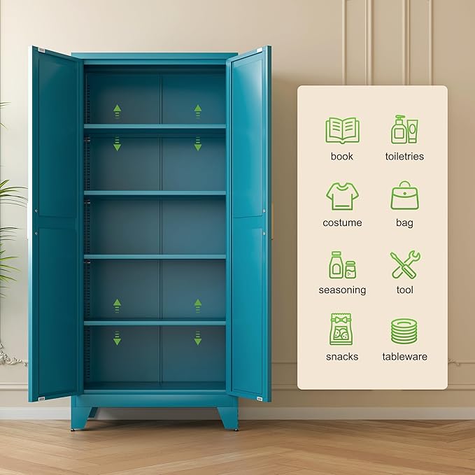 71'' Farmhouse Metal Storage Cabinet with Barn Doors,Steel File Cabinet for Home Office,Kitchen Pantry 4 Adjustable Shelves,Freestanding Cupboard for Kitchen,Home Office (Peacock Blue)-Ruum Studio Home